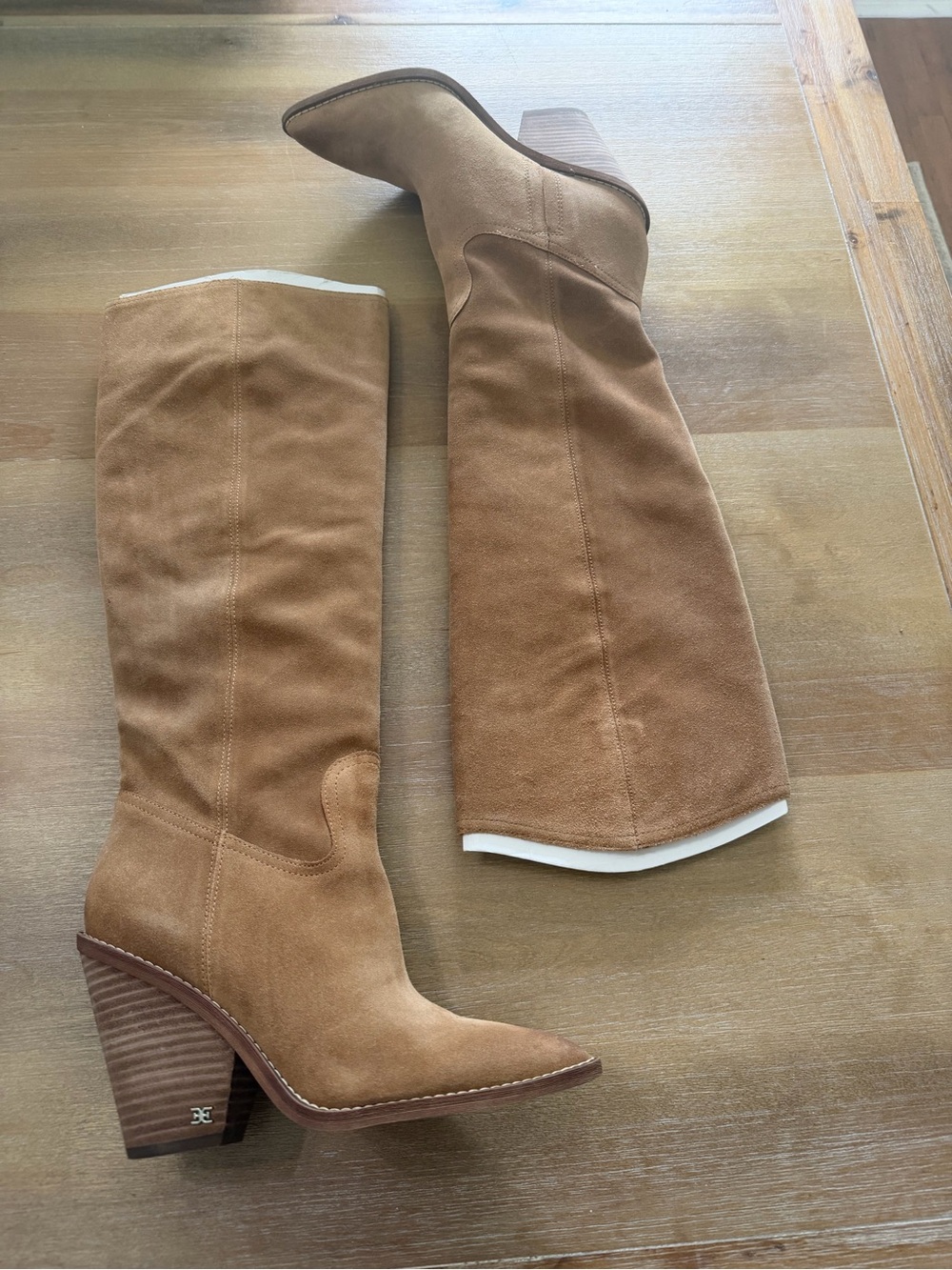 Sam Edelman Tan Suede Knee-High Pointed-Toe Block Heel Boots
